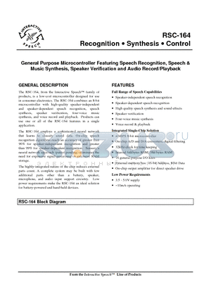 RSC-164 datasheet - General Purpose Microcontroller Featuring Speech Recognition, Speech & Music Synthesis, Speaker Verification and Audio Record/Playback