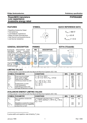 PHP6NA60E datasheet - PowerMOS transistors Low capacitance Avalanche energy rated