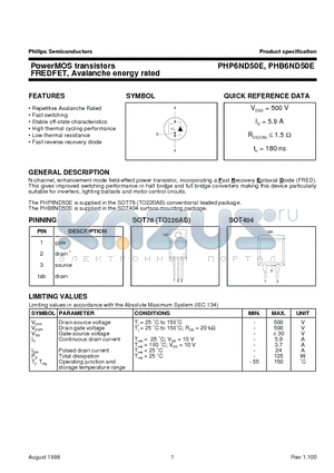 PHP6ND50E datasheet - PowerMOS transistors FREDFET, Avalanche energy rated