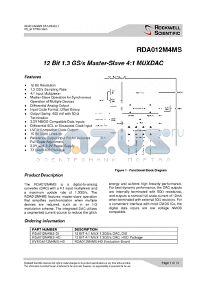 RDA012M4MS-HD datasheet - 12 Bit 1.3 GS/s Master-Slave 4:1 MUXDAC