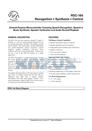 RSC164 datasheet - General Purpose Microcontroller Featuring Speech Recognition, Speech & Music Synthesis, Speaker Verification and Audio Record/Playback