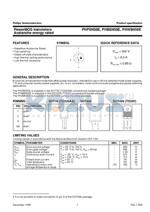 PHP8N50E datasheet - PowerMOS transistors Avalanche energy rated