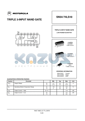 SN54LS10J datasheet - TRIPLE 3-INPUT NAND GATE
