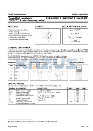 PHP8ND50E datasheet - PowerMOS transistors FREDFET, Avalanche energy rated
