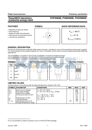 PHP9N60E datasheet - PowerMOS transistors Avalanche energy rated