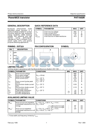 PHT1N60R datasheet - PowerMOS transistor