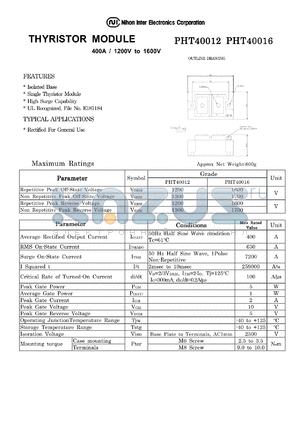 PHT40016 datasheet - THYRISTOR MODULE 400A / 1200V to 1600V
