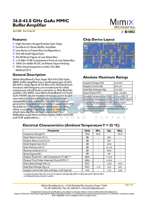 XB1002 datasheet - 36.0-43.0 GHz GaAs MMIC Buffer Amplifier