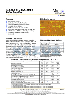 XB1004 datasheet - 16.0-30.0 GHz GaAs MMIC Buffer Amplifier