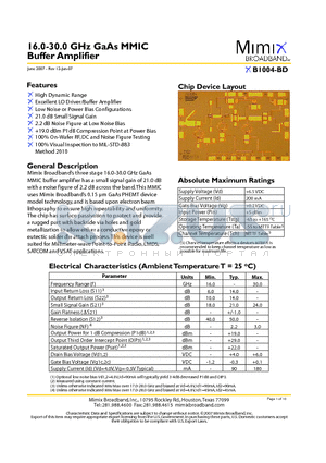 XB1004-BD-000V datasheet - 16.0-30.0 GHz GaAs MMIC Buffer Amplifier