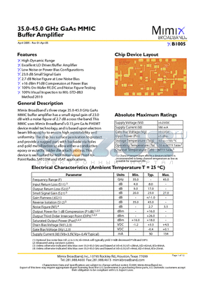 XB1005 datasheet - 35.0-45.0 GHz GaAs MMIC Buffer Amplifier