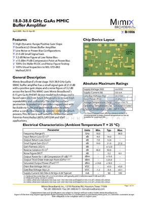 XB1006 datasheet - 18.0-38.0 GHz GaAs MMIC Buffer Amplifier