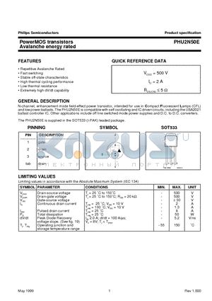 PHU2N50E datasheet - PowerMOS transistors Avalanche energy rated