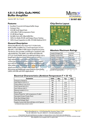 XB1007-BD datasheet - 4.0-11.0 GHz GaAs MMIC Buffer Amplifier