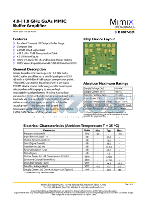 XB1007-BD-000V datasheet - 4.0-11.0 GHz GaAs MMIC Buffer Amplifier