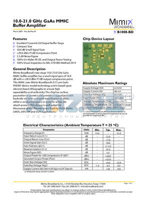 XB1008-BD datasheet - 10.0-21.0 GHz GaAs MMIC Buffer Amplifier