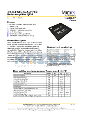 XB1007-QT-0G00 datasheet - 4.0-11.0 GHz GaAs MMIC Buffer Amplifier, QFN