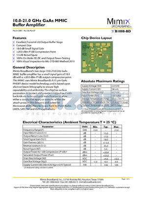 XB1008-BD-000V datasheet - 10.0-21.0 GHz GaAs MMIC Buffer Amplifier