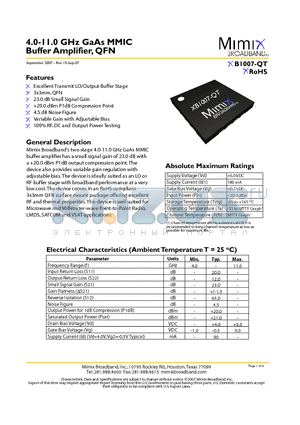 XB1007-QT-EV1 datasheet - 4.0-11.0 GHz GaAs MMIC Buffer Amplifier, QFN