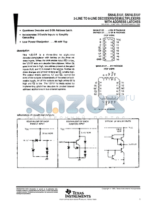 SN54LS137 datasheet - 3-LINE TO 8-LINE DECODERS/DEMULTIPLEXERS WITH ADDRESS LATCHES