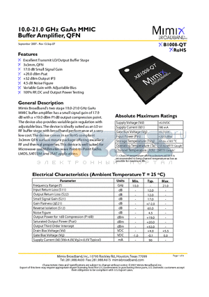 XB1008-QT datasheet - 10.0-21.0 GHz GaAs MMIC Buffer Amplifier, QFN