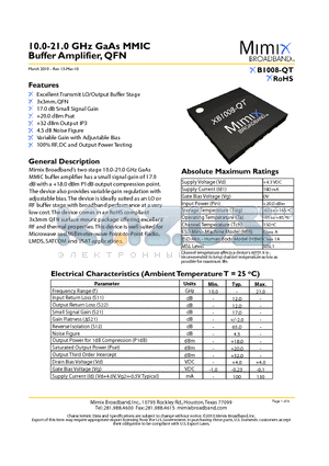 XB1008-QT datasheet - 10.0-21.0 GHz GaAs MMIC