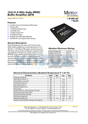 XB1008-QT-0G00 datasheet - 10.0-21.0 GHz GaAs MMIC Buffer Amplifier, QFN