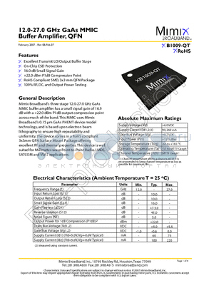 XB1009-QT-0G00 datasheet - 12.0-27.0 GHz GaAs MMIC Buffer Amplifier, QFN
