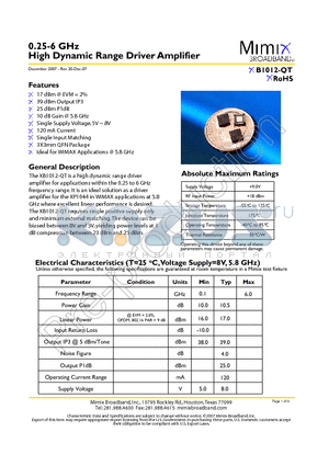 XB1012-QT-0G00 datasheet - 0.25-6 GHz High Dynamic Range Driver Amplifier