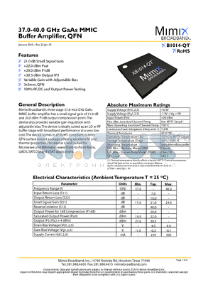 XB1014-QT-0G0T datasheet - 37.0-40.0 GHz GaAs MMIC Buffer Amplifier, QFN