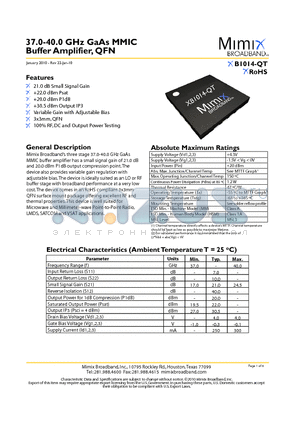 XB1014-QT-EV1 datasheet - 37.0-40.0 GHz GaAs MMIC Buffer Amplifier, QFN