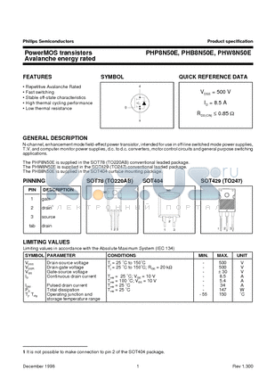 PHW8N50E datasheet - PowerMOS transistors Avalanche energy rated