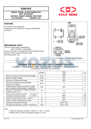 RDB105S datasheet - SINGLE PHASE GLASS PASSIVATED FAST RECOVERY SURFACE MOUNT BRIDGE RECTIFIER VOLTAGE:600V CURRENT:1.0A