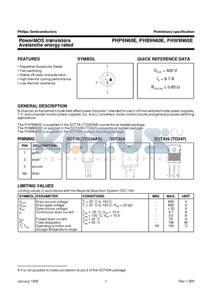 PHW9N60E datasheet - PowerMOS transistors Avalanche energy rated