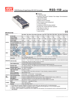 RSD-150_12 datasheet - 150W Railway Single Output DC-DC Converter