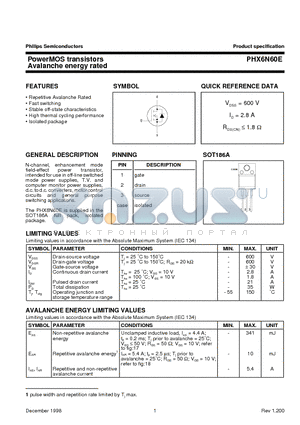 PHX6N60E datasheet - PowerMOS transistors Avalanche energy rated