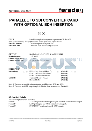 PI-001 datasheet - PARALLEL TO SDI CONVERTER CARD WITH OPTIONAL EDH INSERTION