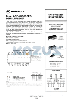 SN54LS155J datasheet - DUAL 1-OF-4 DECODER/ DEMULTIPLEXER