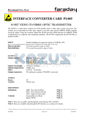 PI-005 datasheet - 10 BIT VIDEO TO FIBRE OPTIC TRANSMITTER