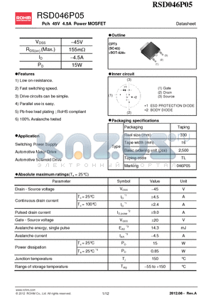 RSD046P05 datasheet - Pch 45V 4.5A Power MOSFET