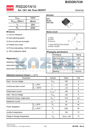 RSD201N10 datasheet - Nch 100V 20A Power MOSFET