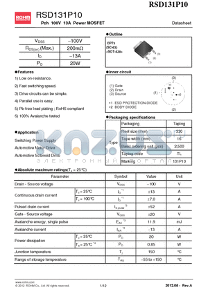 RSD131P10 datasheet - Pch 100V 13A Power MOSFET