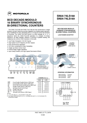 SN54LS168J datasheet - BCD DECADE/MODULO 16 BINARY SYNCHRONOUS BI-DIRECTIONAL COUNTERS