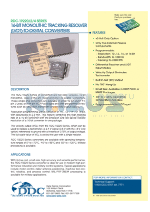 RDC-19220 datasheet - 16-BIT MONOLITHIC TRACKING RESOLVER (LVDT)-TO-DIGITAL CONVERTERS