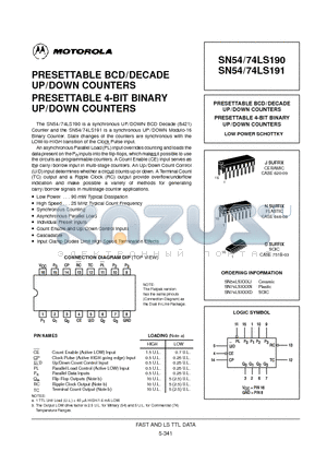 SN54LS190J datasheet - PRESETTABLE BCD/DECADE UP/DOWN COUNTERS PRESETTABLE 4-BIT BINARY UP/DOWN COUNTERS