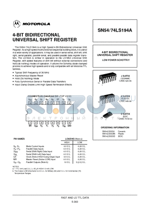 SN54LS194A datasheet - 4-BIT BIDIRECTIONAL UNIVERSAL SHIFT REGISTER