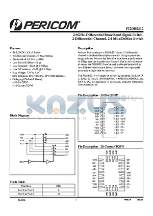 PI2DBS212QE datasheet - 1.8V, 1.8GHz, Differential Broadband Signal Switch, 2-Differential Channel, 2:1 Mux/DeMux Switch, w/ Single Enable