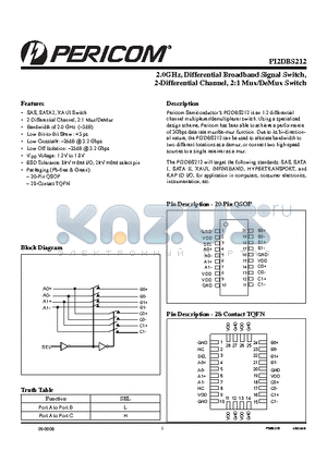 PI2DBS212ZHE datasheet - 1.8V, 1.8GHz, Differential Broadband Signal Switch, 2-Differential Channel, 2:1 Mux/DeMux Switch, w/ Single Enable