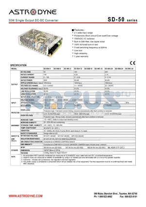 SD-50 datasheet - 50W Single Output DC-DC Converter