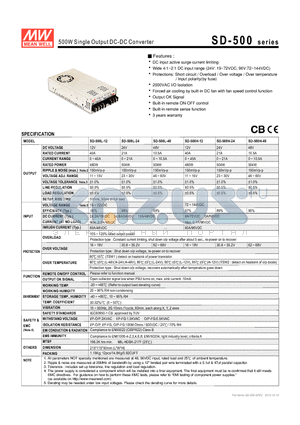 SD-500 datasheet - 500W Single Output DC-DC Converter